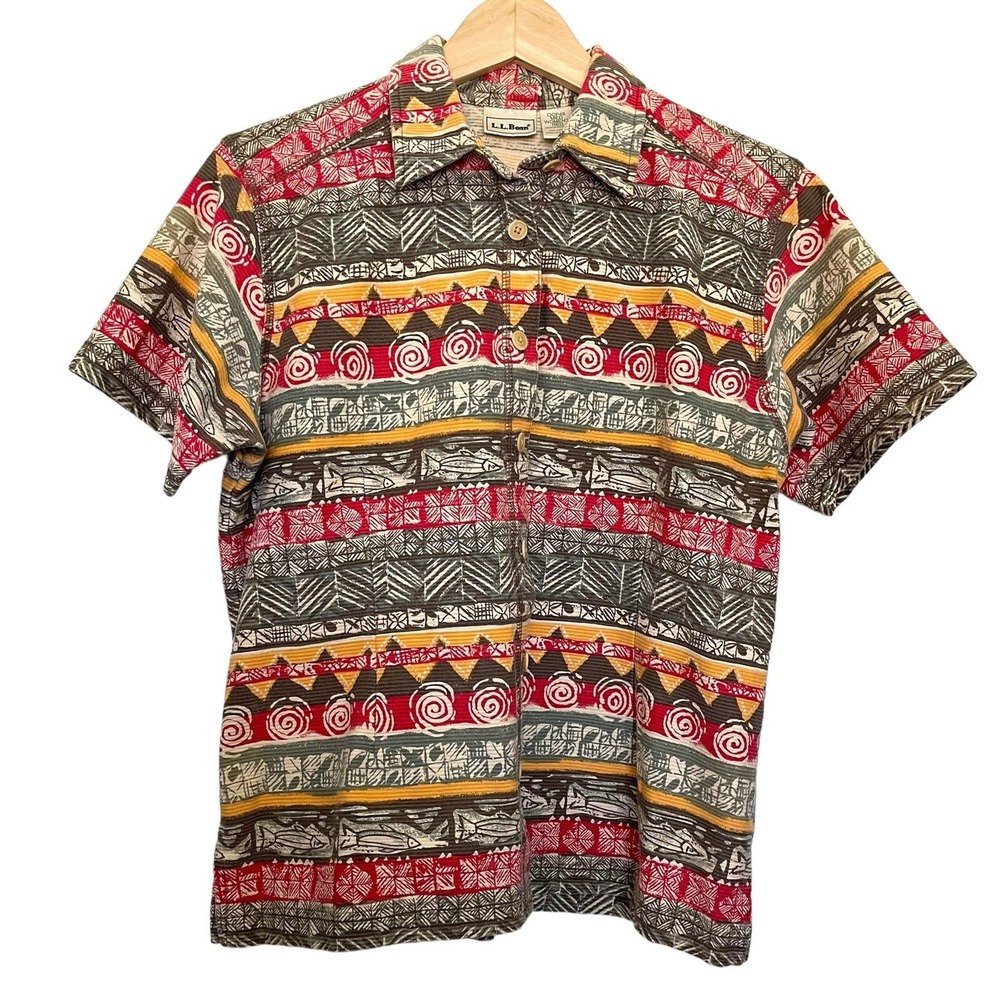 L.L. Bean Shirt Multicolor Tribal Fish Print‎ Gorpcore Southwestern Aztec Medium